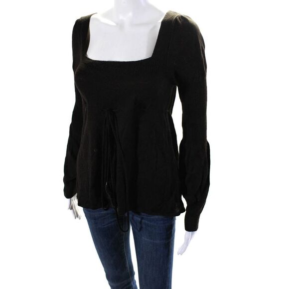 Maurizio Pecoraro Womens Square Neck Drawstring Alpaca Sweater Brown Size 6 - Picture 2 of 6